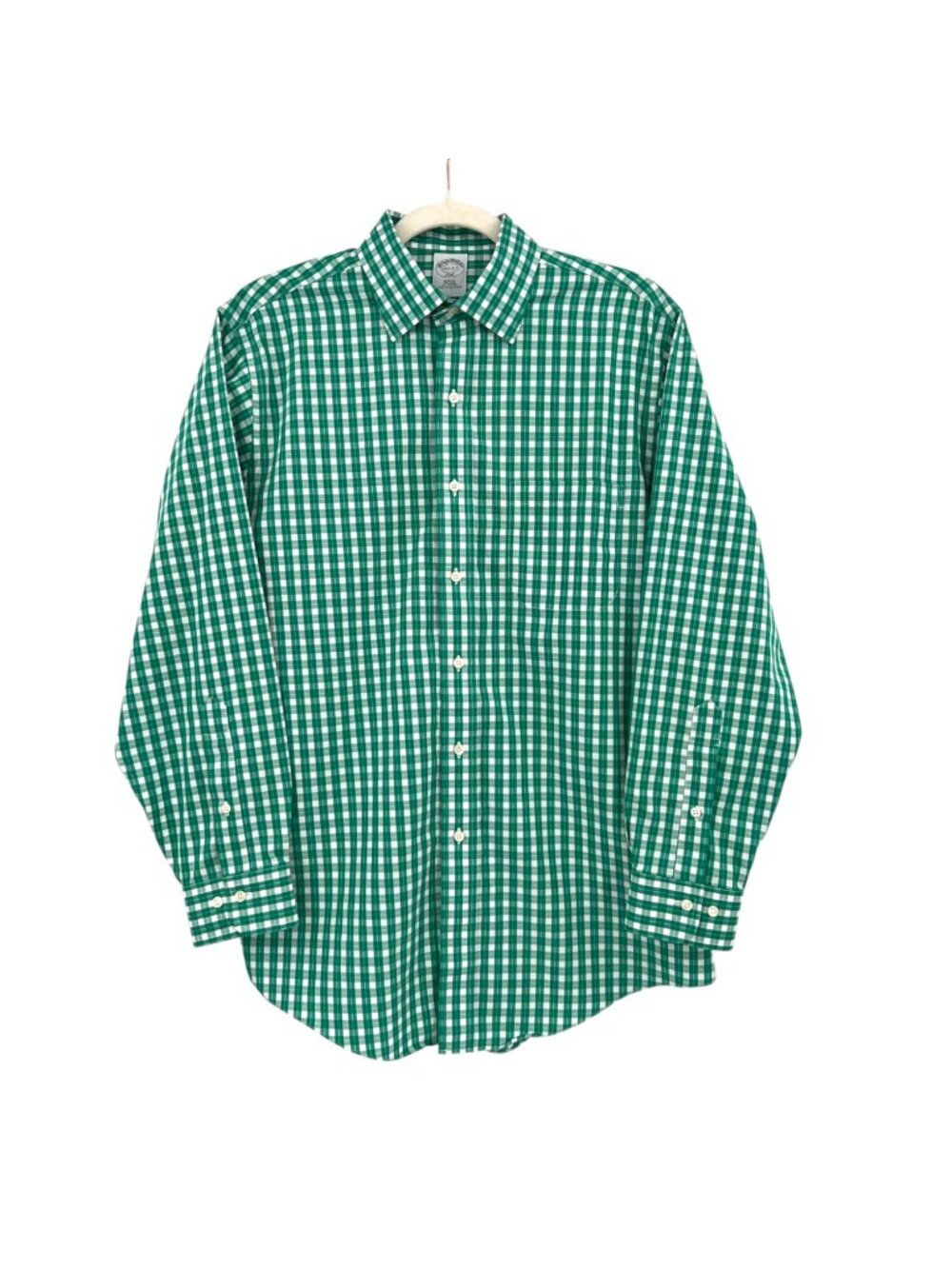 Brooks Brothers Green White Gingham Slim Fit Non-Iron Cotton Shirt 15 1/2-2/3